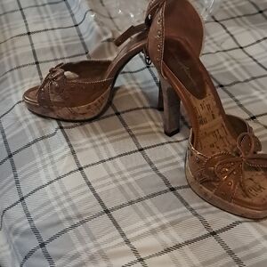 Brown Cork-Trim High Heel Sandals with Bow Accent